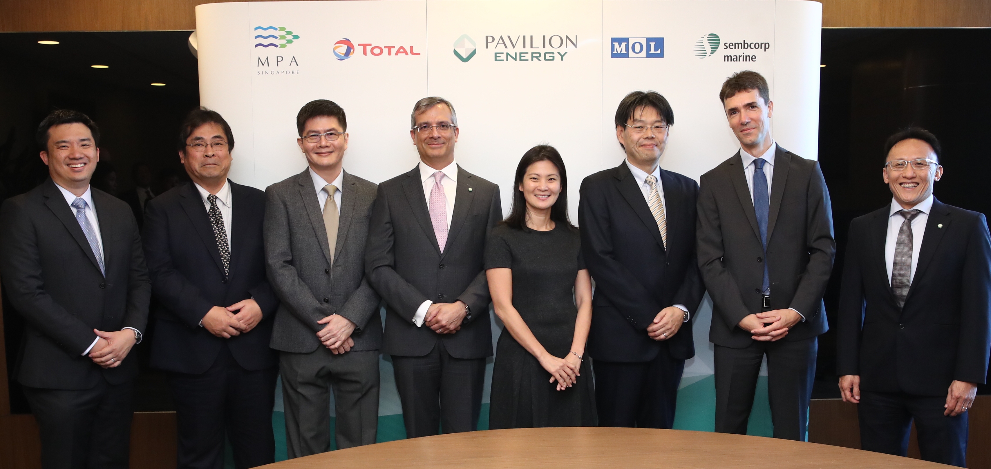Above: "(from L to R) Mr Desmond Chong, GM of Sinanju; Mr Soichiro Kambe, Deputy GM of Mitsui; Mr Tan Heng Jack, Head of Specialised Shipbuilding of Sembcorp Marine; Mr Frédéric H. Barnaud, Group CEO of Pavilion Energy; Ms Quah Ley Hoon, Chief Executive of Maritime & Port Authority of Singapore; Mr Michihiko Nakano, GM of Bunker Business Office of MOL; Mr Jérôme Leprince-Ringuet, MD of Total Marine Fuels; and Mr Alan Heng, EVP of Pavilion Energy Singapore"